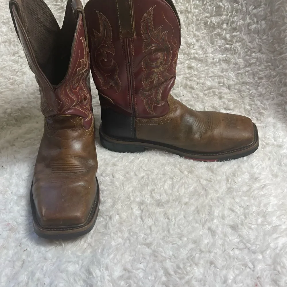 JUSTIN  leather Brown burgundy,& Black Cowboy Boots, Steel square ToeSZ9.5
